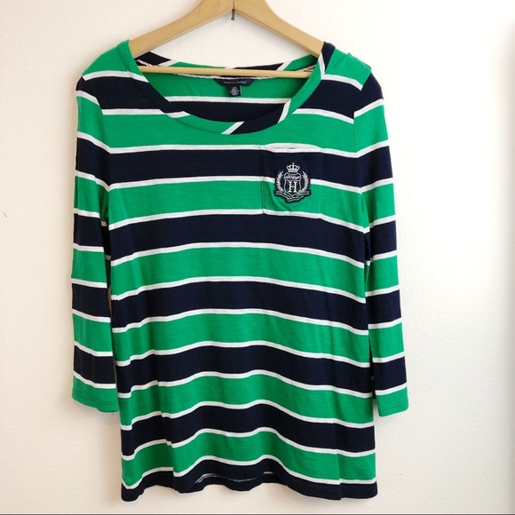 Tommy Hilfiger Preppy Green Blue Striped Rugby Tee Y2K - Picture 1 of 6